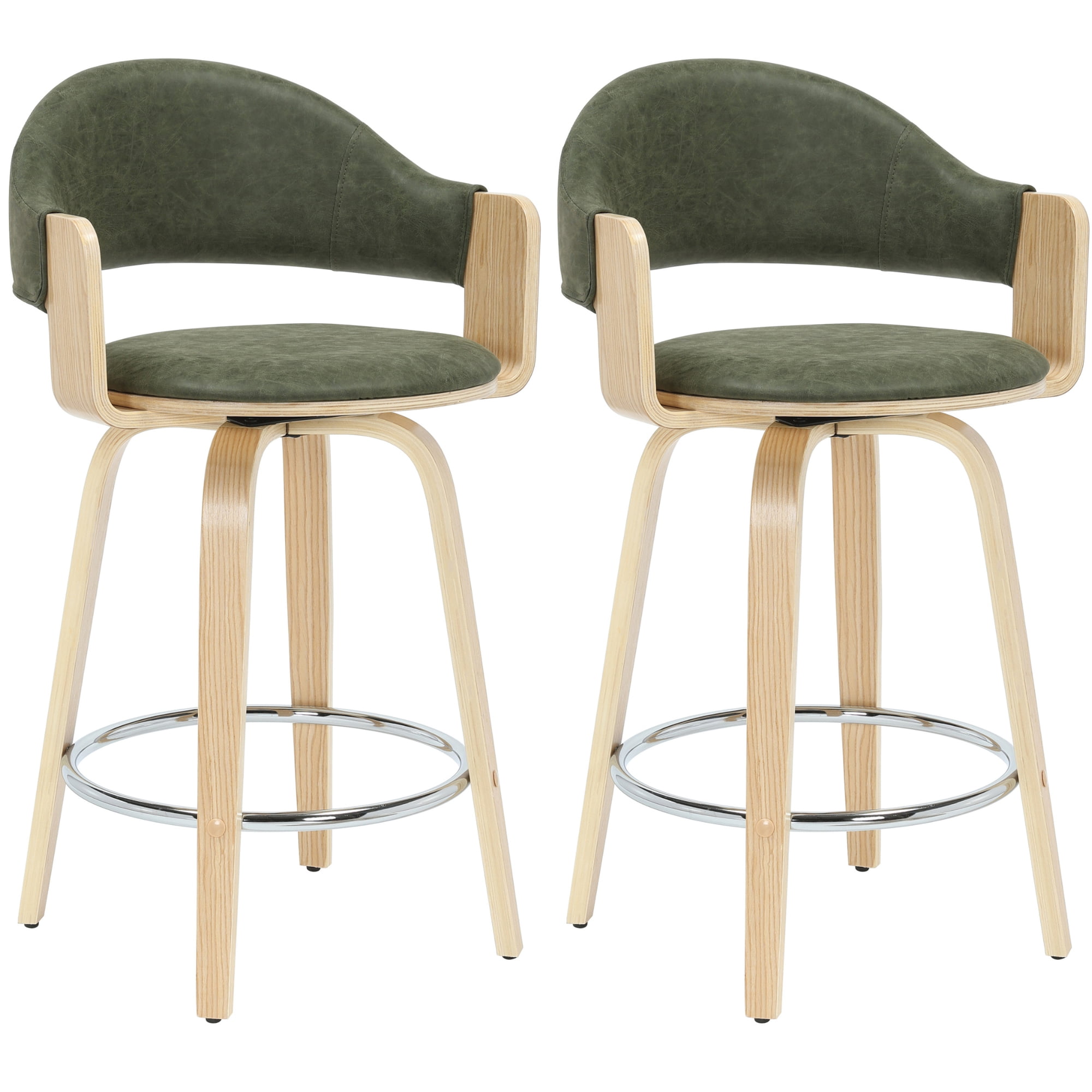 Daxton 36 in. H Swivel Counter Height Vintage Green Round Back Wood Bar Stool with Faux Leather Seat Set of 2