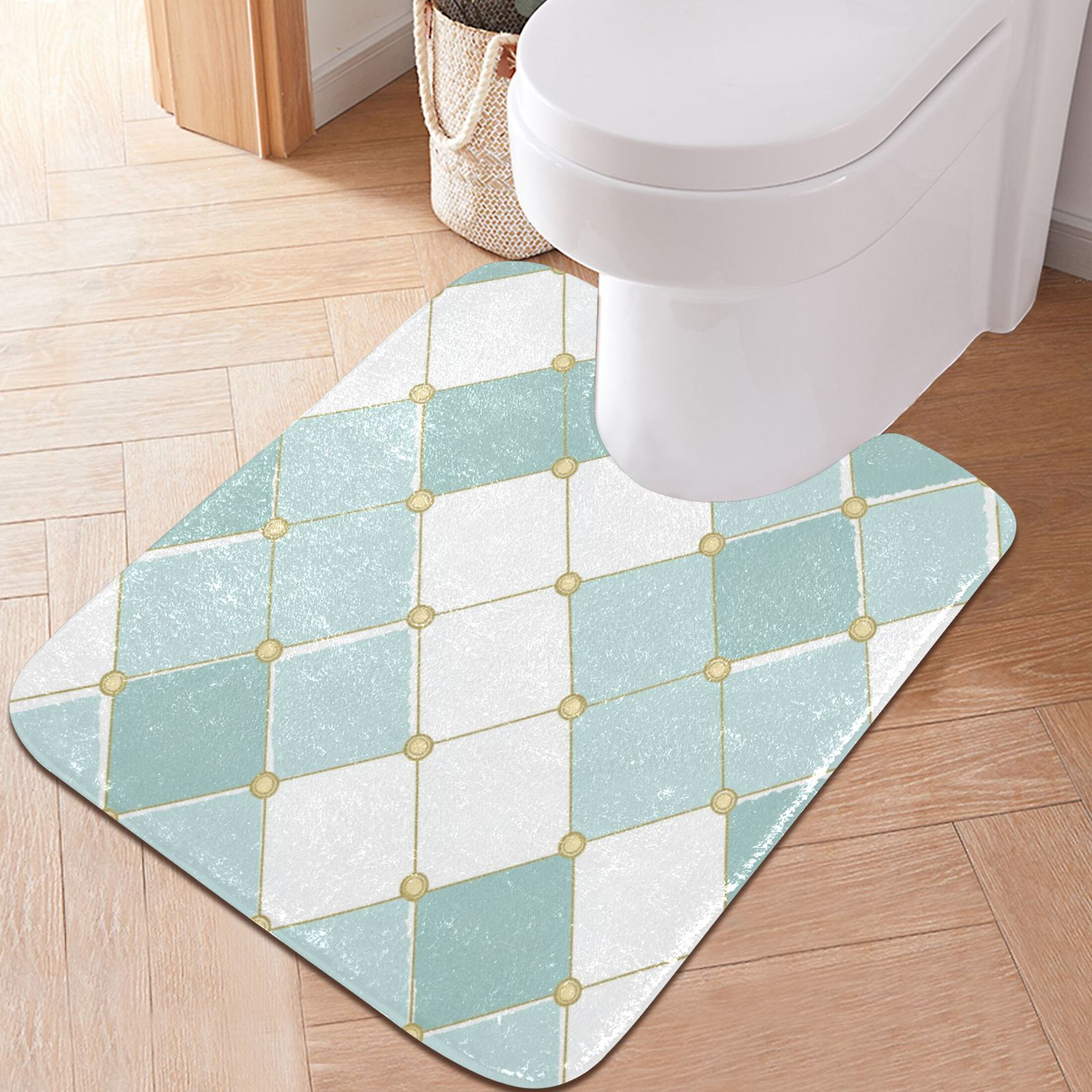 2 Piece Soft Bathroom Rug Set Pastel Teal Diamond Plaid Bath Mat and U-Shaped Toilet Contour Rug (16"x24"+20"x24")