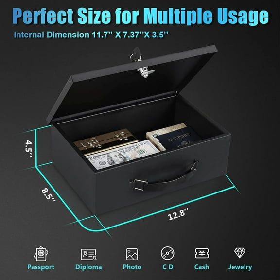 Fire Resistant Safe Fire Safe Box with Key Lock for Home Office Security Storage for Valuables Documents,12.8 x 8.5 x 4.5 Inch,Black