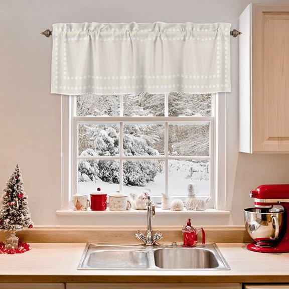 Kitchen Valances for Window, White Circle Square Frames Light Filtering Rod Pocket Valance Curtain, Retro Linen Background  Short Curtains Window Topper for Bedroom Bathroom Living Room 42x12in