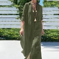 thumbnail image 2 of Mchoice Cotton and Linen Dresses for Women 2025 Fashion Summer Fall V-neck 3/4 Sleeve Solid Color Pleated Maxi Dress, 2 of 6