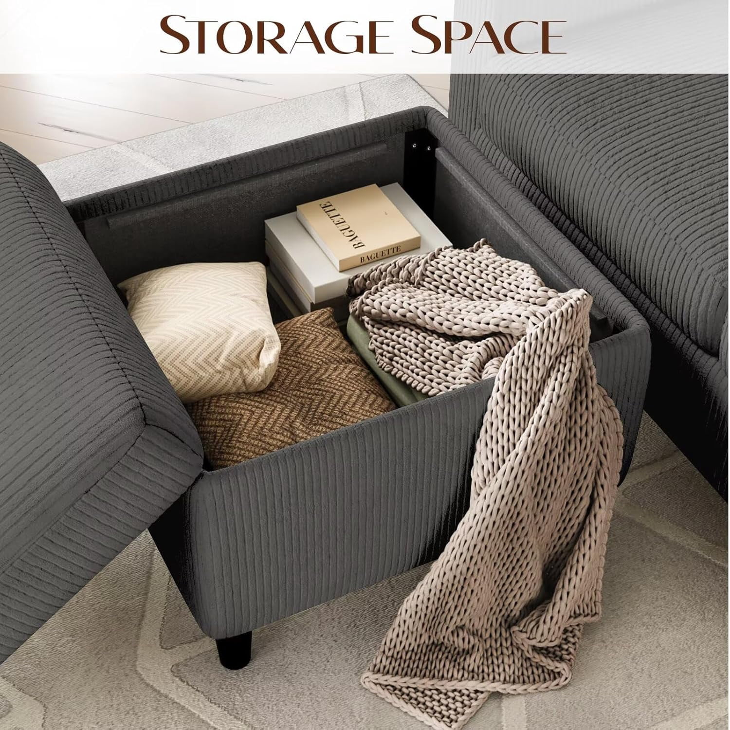 Modern L-Shaped Sectional Sofa with Storage Ottoman and 2 Cup Holders, Convertible 3-Seater Corduroy Couch with Side Pockets for Small Apartments, Living Rooms, and Offices, Dark Gray