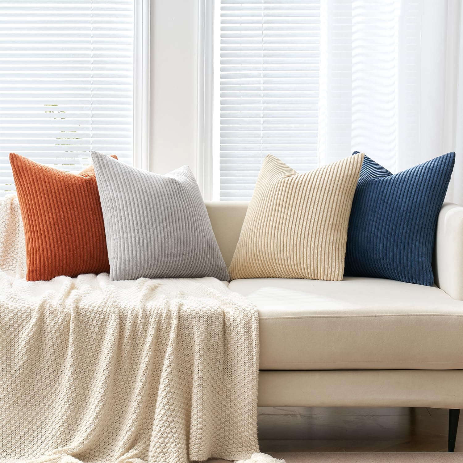 Boho Farmhouse Throw Pillow Covers 18x18 Inch Set Of 4 Summer Mordern Neutral Cushion Soft Corduroy Nordic Home Decor For Couch Bed Sofa Living Room Blue-yellow