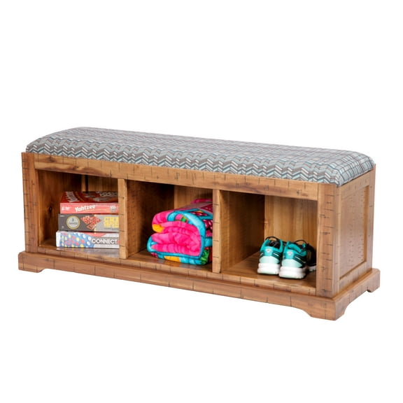 OS Home and Office Solid Wood Hall Bench with High Fidelity Chevron Turquoise Fabric Covered Cushioned Seat