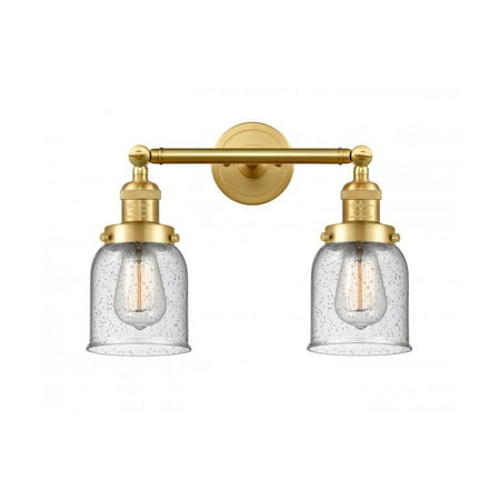 

Satin Gold Tone Bathroom Vanity 16 Wide Seedy Glass Steel/Cast Brass Medium Base LED 2 Light Fixture