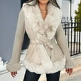 thumbnail image 6 of Women'S Faux Leather Jacket with Faux Fur Collar, Winter Long Sleeve Furry Trim Peplum Parka Coat with Belt Beige M, 6 of 9