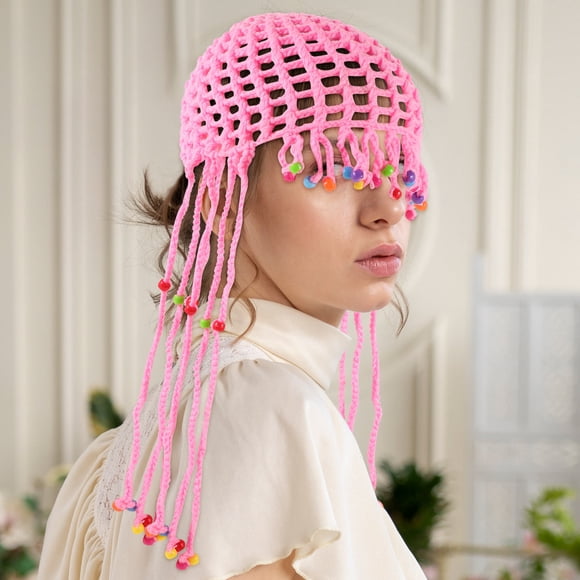 KAKOWELY Crochet Sun Bucket Hat Crochet Tassel Hat Pink 1 PCS Versatile Usage Hollow Design For Women Travel