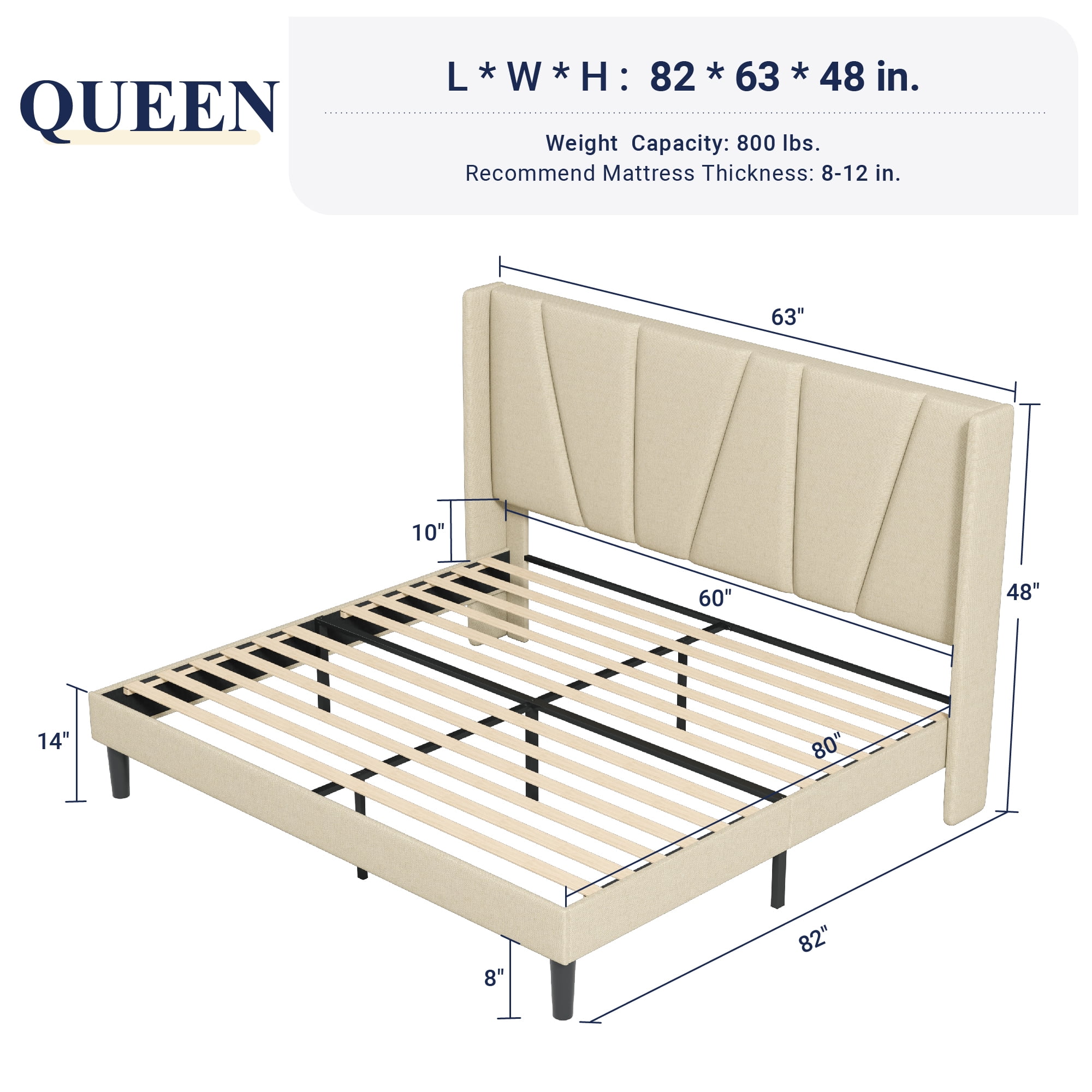 Allewie Queen Bed Frame, Upholstered Platform Bed with Wingback and Geometric Headboard, Beige