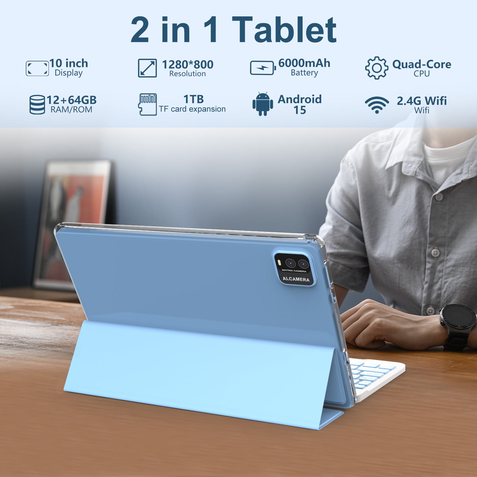 Android 15 Tablet, 10 inch 2 in 1 Tablets with Keyboard, 12GB RAM 64GB ROM 1TB Expand, Quad-Core 2.0Ghz CPU, 5G WiFi 6, BT5.0, 1280x800 HD Touchscreen, 6000mAh, Widevine L1, GMS Tablet, Blue