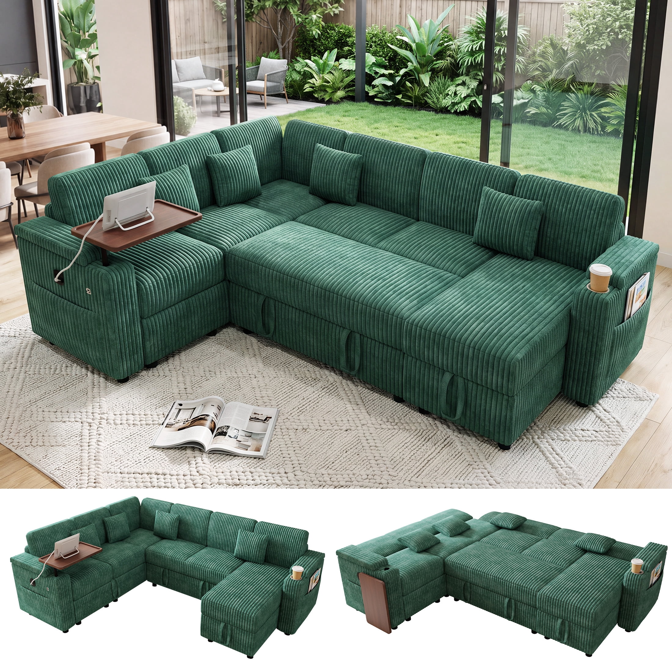 Aenkyo 7-Seat Corduroy U-Shaped Sectional Sleeper Sofa Bed with Storage Chaise and USB Charging, Green