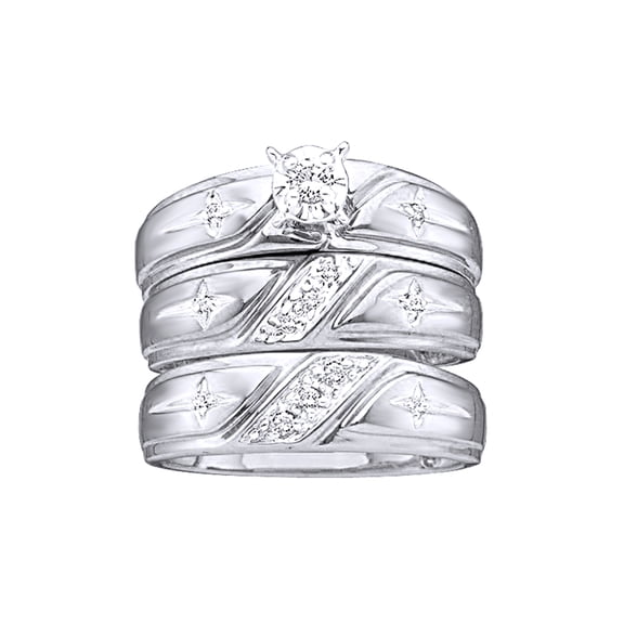 AFFY White Natural Diamond Wedding & Engagement Trio Band Ring Set In 10k White Gold (0.2 Cttw)