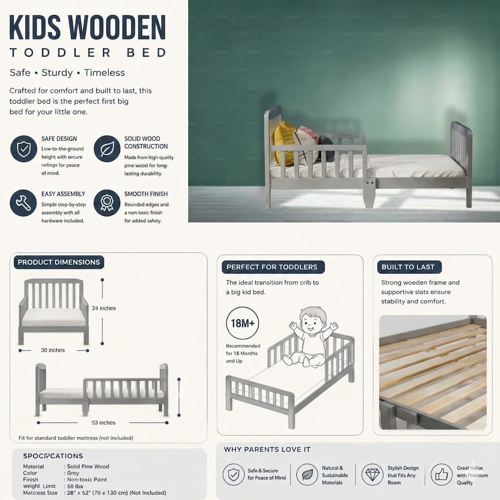 Fizzy Baby Classic Toddler Bed with Rails Wooden Beds for Kids, Grey