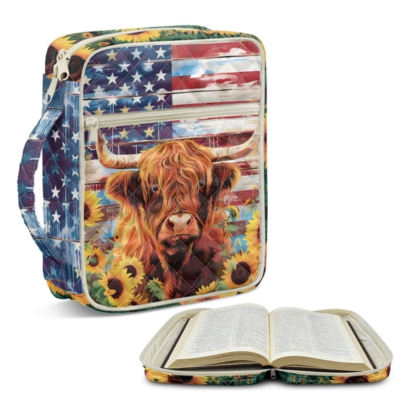 ZUXONGSY Highland Cow Sunflower Print Bible Cover for Women Large American Flag Print Bible Bag Multifunctional Scripture Bag with Multiple Pockets Journal Case for Study