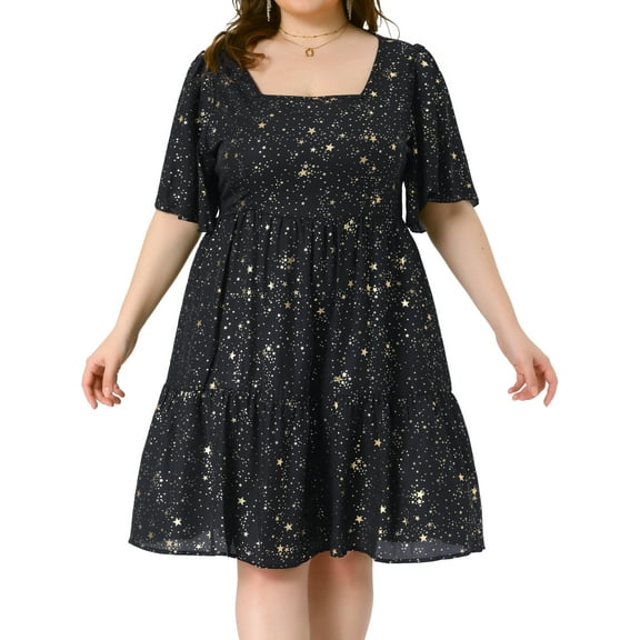 DARING DIVA Plus Size Chiffon Square Neck Short Sleeve Metallic Dress 1X Black