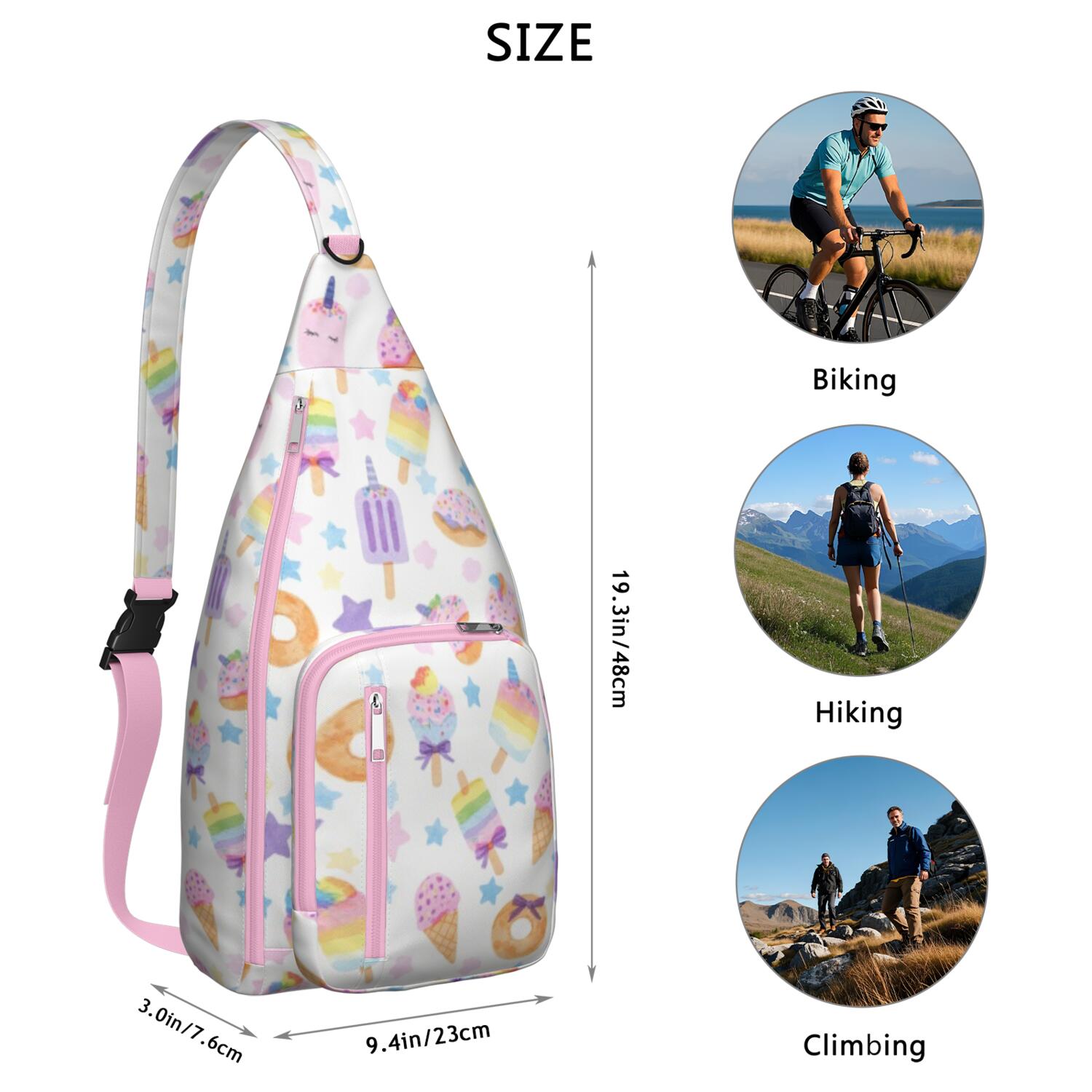 Travel Sling Bag for Men with Adjustable Shoulder Strap Shoulder Backpack Chest Bag Travel Hiking Daypacks Ice Cream