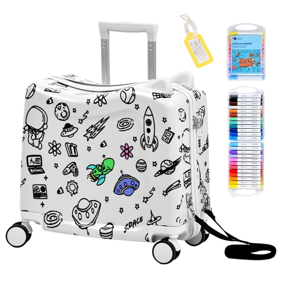 Advwin 20" Ride On Suitcase for Kids, Fun DIY Coloring Carry-On Luggage with 24 Waterproof Markers, Pull Strap & Spinner Wheels, Hardshell Rideable Travel Luggage for Children, White