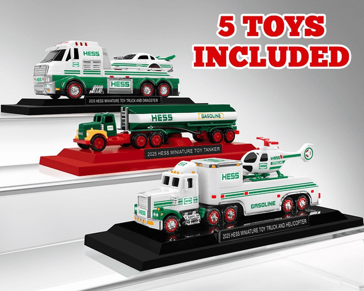 Hess 2025 Mini Collection 5 in 1 Toy Set - Truck with Helicopter, Tanker, Truck with Dragster