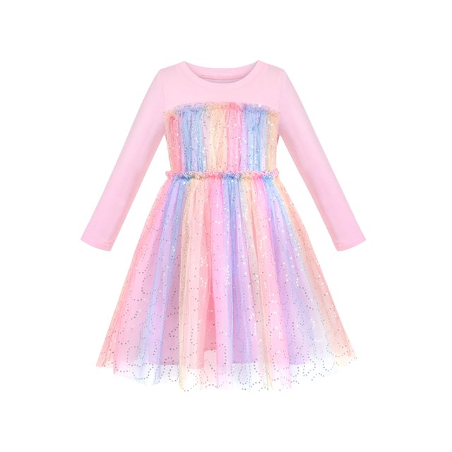 Robe Fille à Sequins Rayures Volants Fée Arc-en-Ciel Coloré Manches Longues 7 Ans