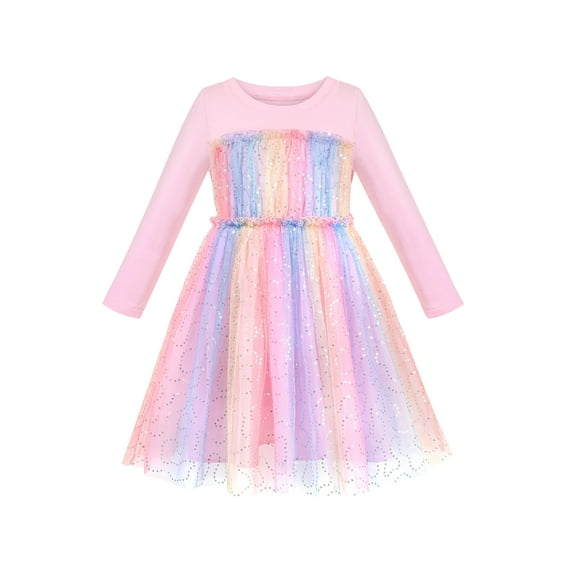 Girls Dress Sequin Stripe Ruffle Fairy Rainbow Colorful Long Sleeve 6 Years