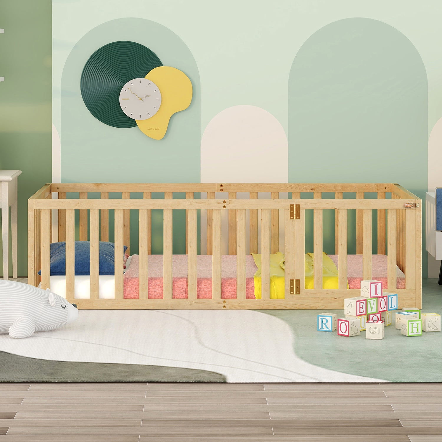 Full Size Floor Bed for Kids, Wood Full Montessori Bed Frame with Fence Guardrails and & Support Slats, Full Playhouse Bed with Door Design, Kids Fence Bed Playpen Bed for Boys ,Girls, Natural
