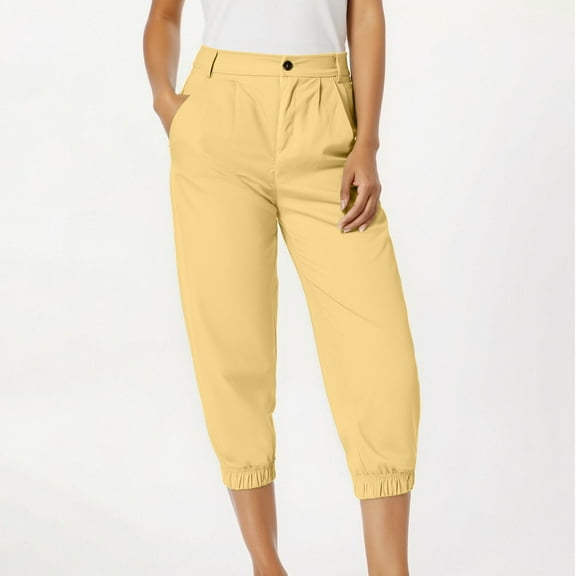 Qulqfy Yellow Womens Pants Petite Casual Chinos Solid Color High Waisted Lounge Capris Trousers Women L