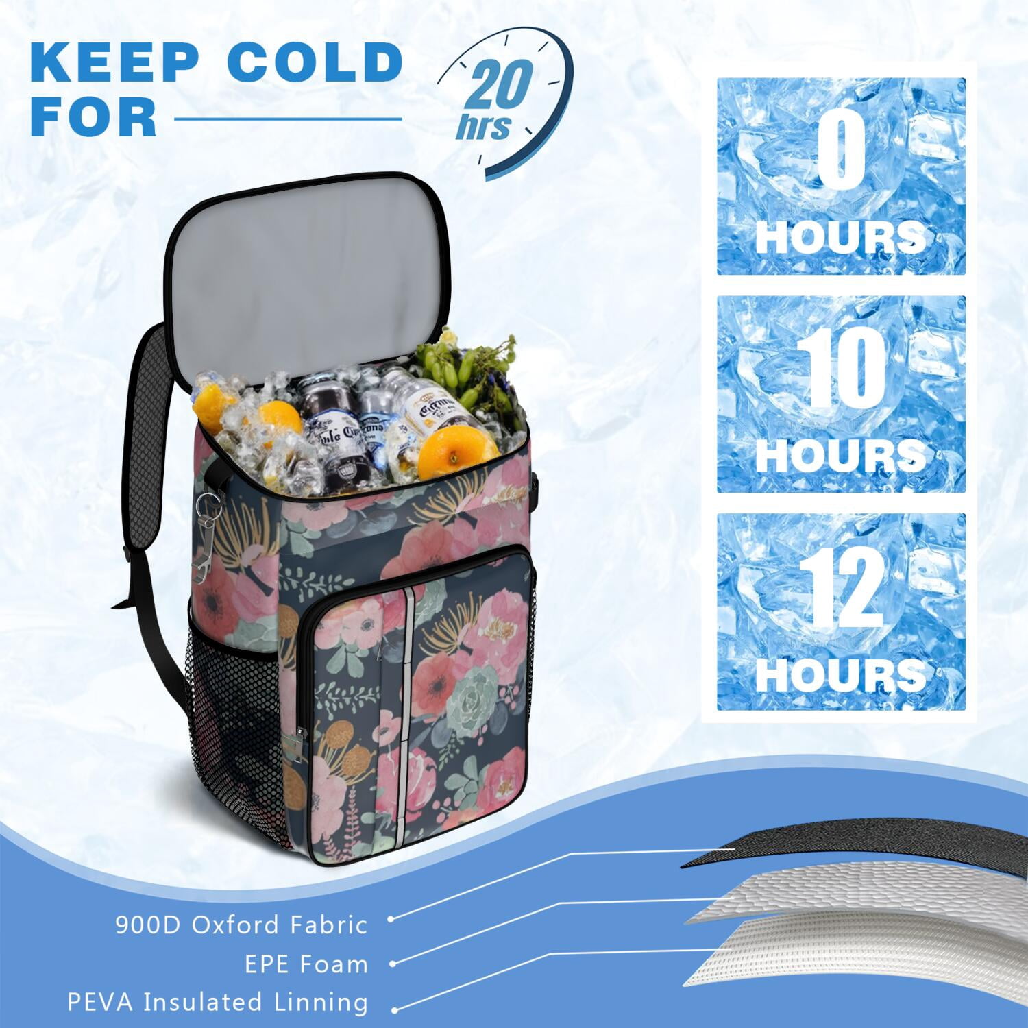 Travel Cooler Bag - Pioneer Flower Floral Print Pattern Camping Beer Cooler Backpack with Bottle Opener- Waterproof Insulated Picnic Backpacks - Cooler Bag for Beach