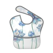 Bingfone Mess-Proof Baby Bib - Waterproof Bib For Baby Boy Or Girl With Food Catcher Pocket, Unisex-Pale Blue Lotus Flowers