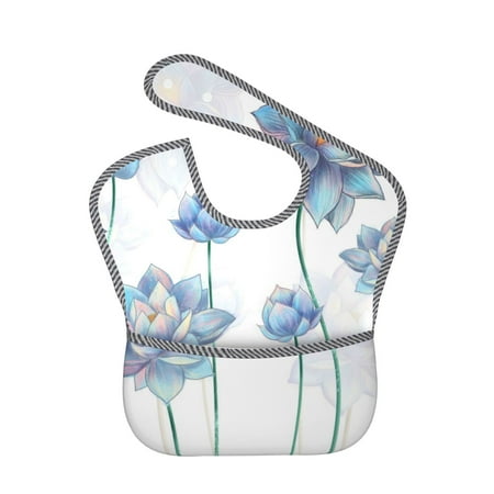 Bingfone Mess-Proof Baby Bib - Waterproof Bib For Baby Boy Or Girl With Food Catcher Pocket, Unisex-Pale Blue Lotus Flowers