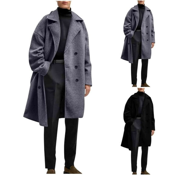 safuny Men's Wool Blend Double Breasted Long Pea Coat Notch Lapel Casual Warm Winter Trench Coat Black L