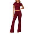 thumbnail image 4 of LEKWK Workout Sets for Women Short Sleeve Crewneck Crop Top and Low-Rise Flared Leggings Summer Fashion Yoga Athletic Gym Casual Lounge Outfits, 4 of 7