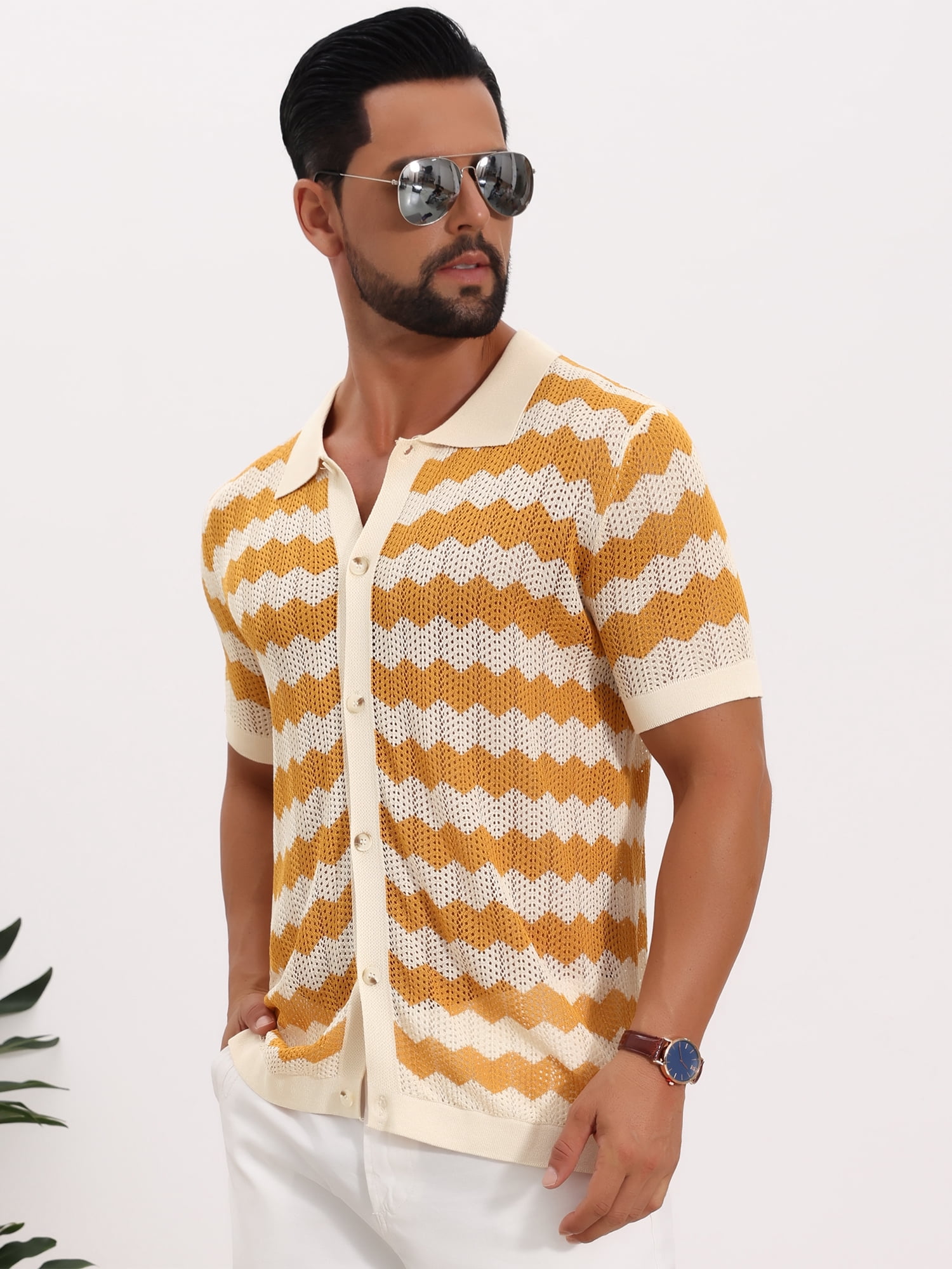 DARING DIVA Men's Wave Crochet Hollow Out Button Down Striped Shirts XL Yellow