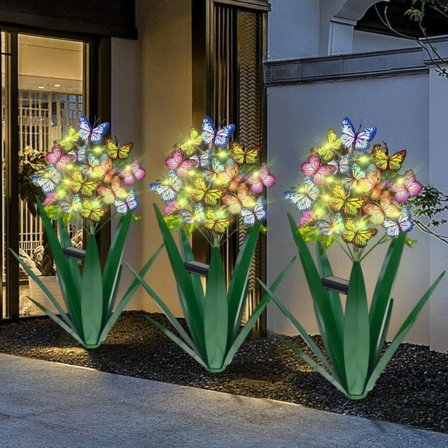 Escultura solar para jardín con forma de mariposa de agave de metal Homight, 3 unidades