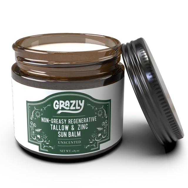 Grazly Protector solar de sebo de res SPF 35 - Bálsamo solar de zinc resistente al agua sin perfume Protector solar natural no graso para cara y cuerpo - 4 ingredientes naturales: aceite de coco orgán