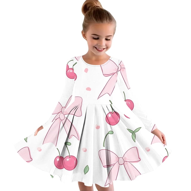 Odeerbi Niñas Vestido de Patinadora Floral Acampanado Vestidos de Princesa 4-14 Años Niñas Vestido de Patinadora Cuello Redondo Vestido de Manga Larga