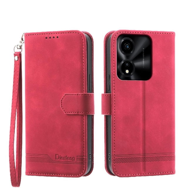 Funda Tipo Billetera para Honor X5C Plus Carcasa Abatible con Porta Tarjetas, Bolsillo para Efectivo, Soporte Ajustable, Cierre Magnético y Correa de Muñeca Rojo