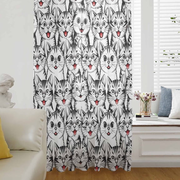 Funny Cat Semi Sheer Curtains Drapes for Living Room, Bedroom, French Doors Window 45 Inches Long, Abstract Cartoon Cute Animals Printed Rod Pocket Chiffon Curtain Drapery Voile Draperies Panel