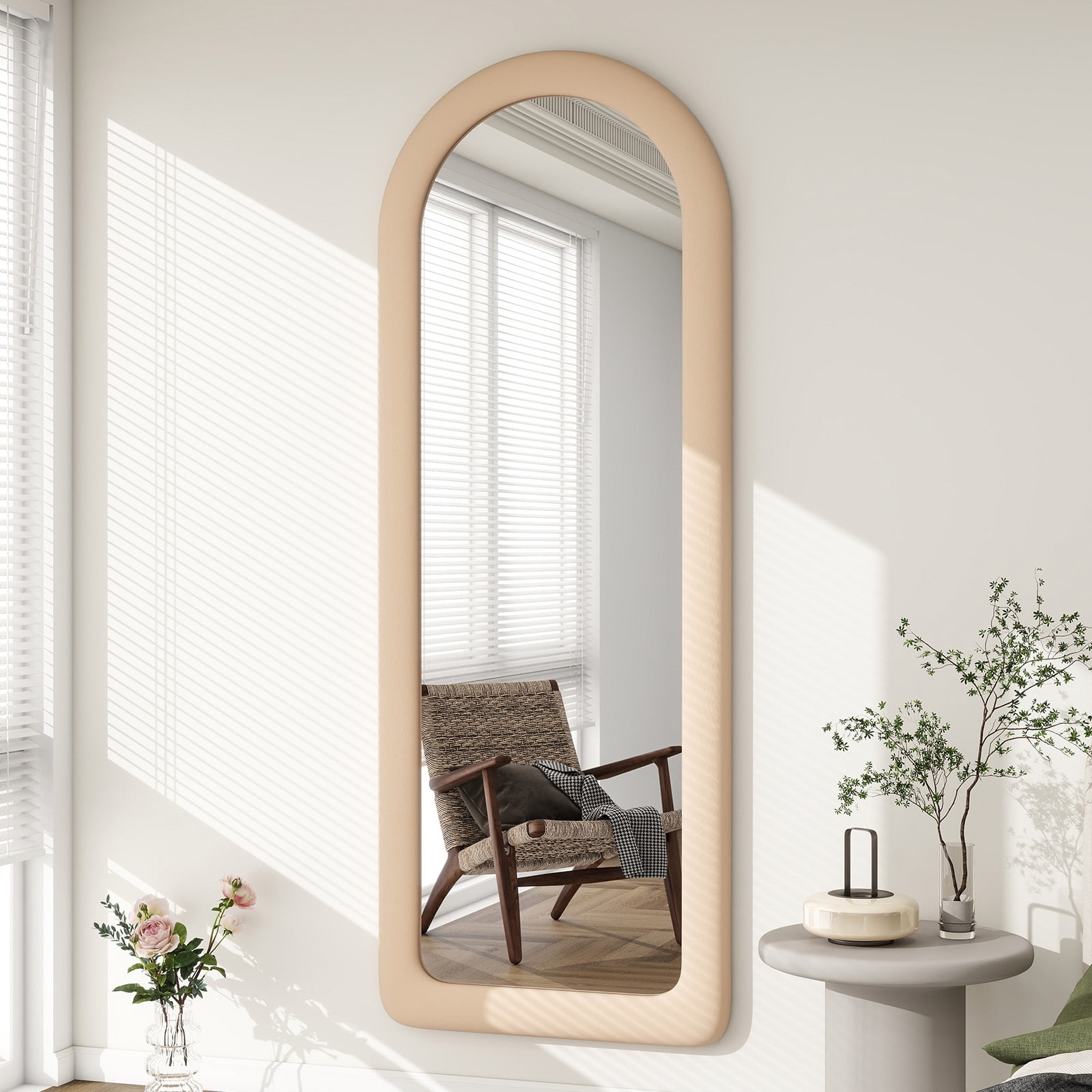 Anyrose 63"x24" Arch-Top Floor Mirror Round-Edge With Thick Flannel Frame, Light Brown