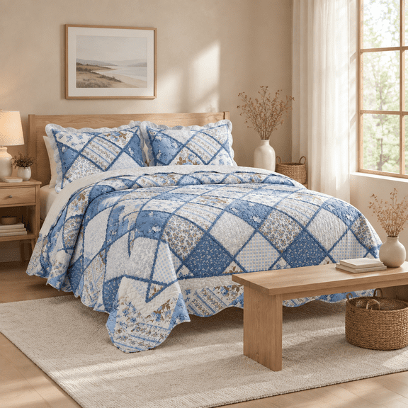 Blue Queen 92x96 Patchwork Quilt Set, Farmhouse Country 3-Piece Bedding