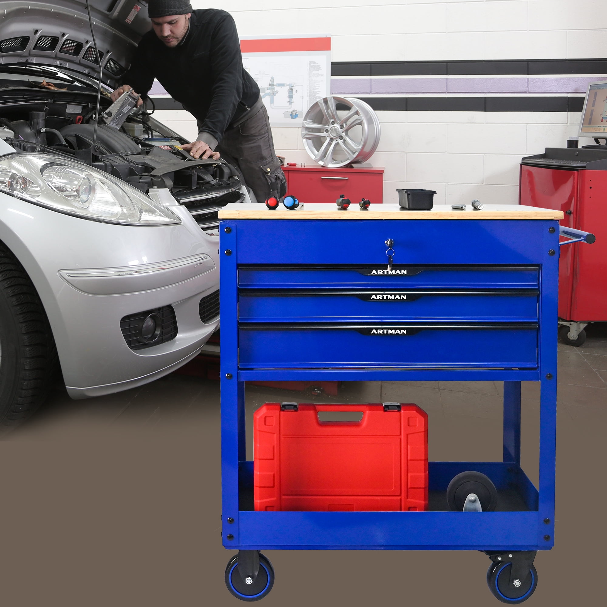 ARTMAN 3 Drawers Rolling Tool Cart, Utility Tool Box with Wheels Wood Top Mechanic Tool Storage Organizer Cabinet, Tool Chest for Garage, Warehouse, Workshop, Repair Shop
