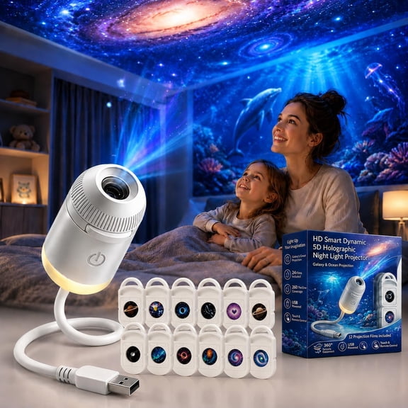 HD Smart Dynamic 5D Holographic Night Light Projector with Box, 2-in-1 Galaxy Star and Ocean Projector with 12 Films, 360° Rotating USB Powered Ceiling Light for Bedroom Room Decor