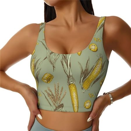 Adobk Cartoon Corn and Wheat Print Sports Bras for Women Longline Workout Crop Tank Tops Padded with Built in Shelf Padded Sports Bra-XX-Large