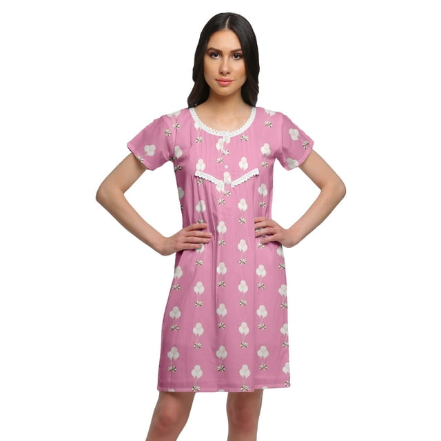 Moomaya Chemise de Nuit à Manches Courtes Imprimée pour Femmes Col Rond en Coton