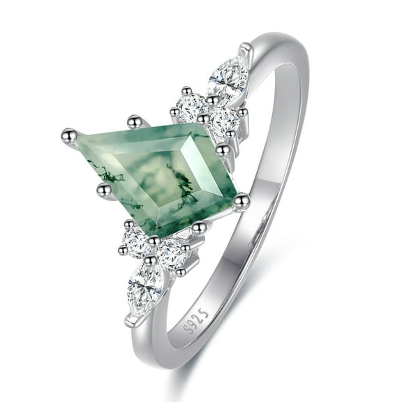 NUNCAD Moss Agate Rings for Women - Kite Cut Engagement Rings 925 Sterling Silver Ring for Women Size 5-9