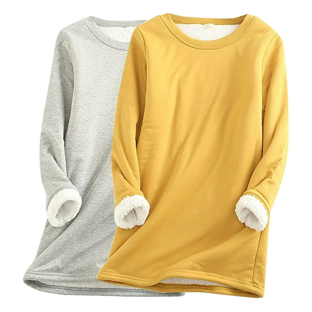 Frostluinai Longues Chemises Thermiques à Manches pour Femmes 2 Pack Doublure en Polaire Col Rond Chandails en Molleton d'Automne Couleur Unie Léger Chandail Grande Taille sous-Vêtements Doux