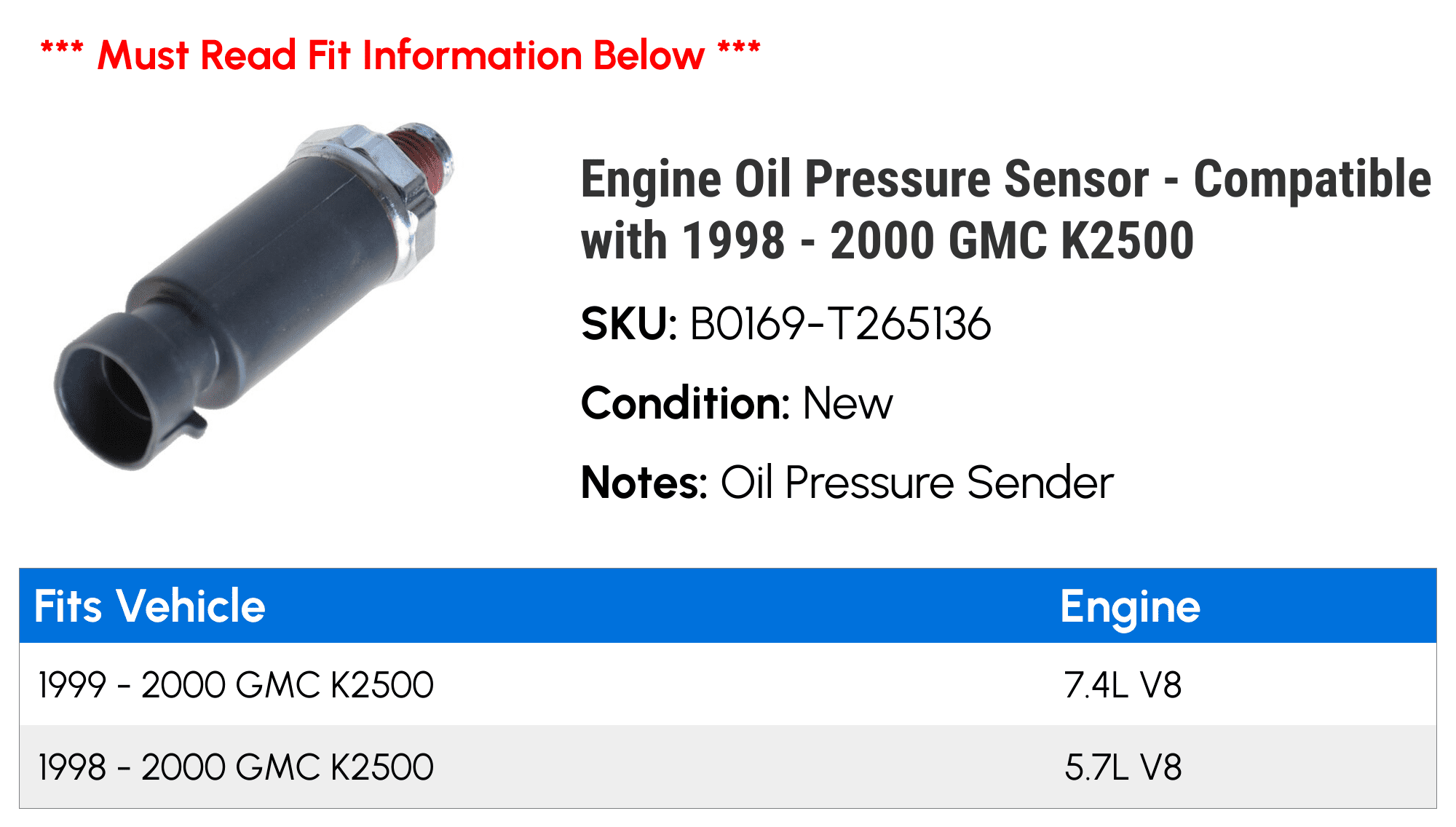 Engine Oil Pressure Sensor - Compatible with 1998 - 2000 GMC K2500 1999