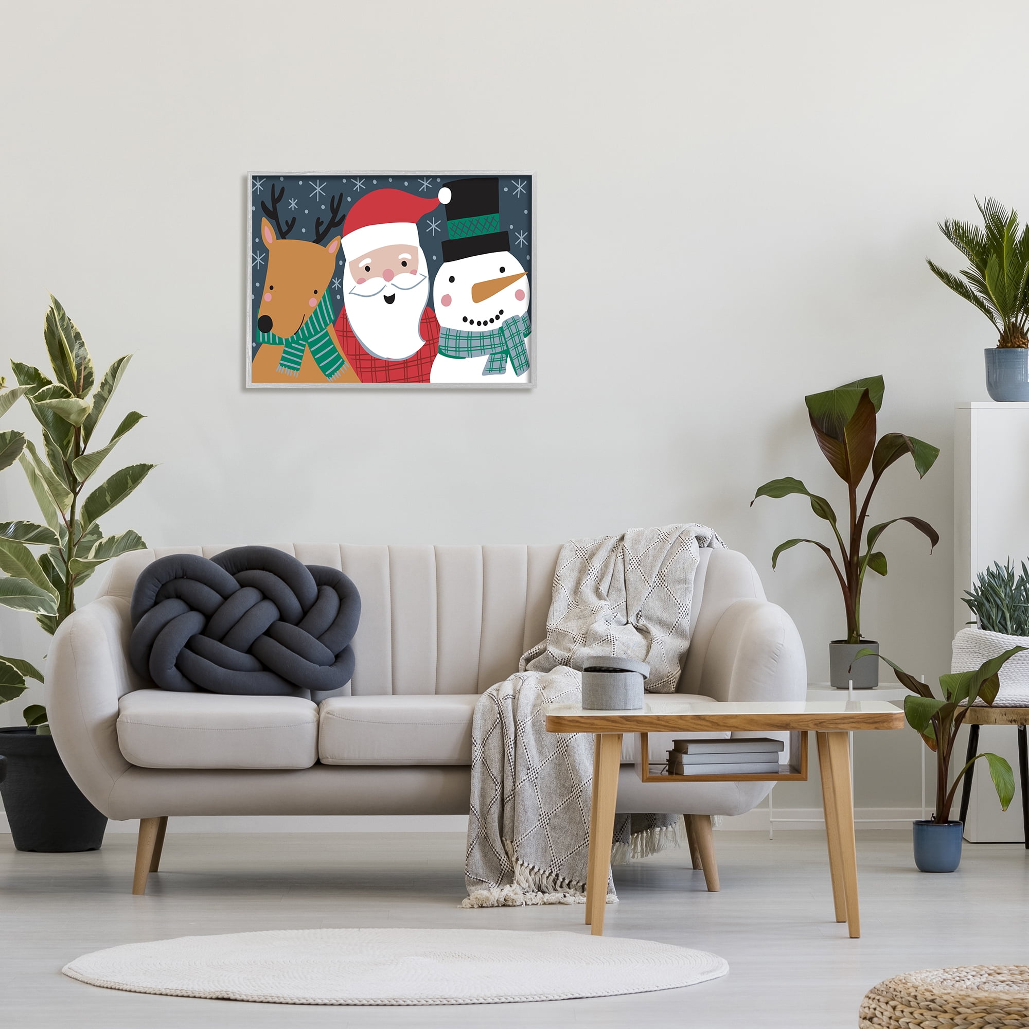 Stupell Industries Happy Christmas Trio Santa Reindeer Snowman Winter Holiday Painting Gray Framed Art Print Wall Art, 24 x 30