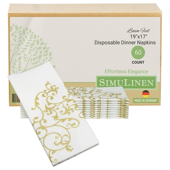 SimuLinen Signature 19"x17" Decorative Cloth Like & Disposable Napkins - Gold & White – Box of 60