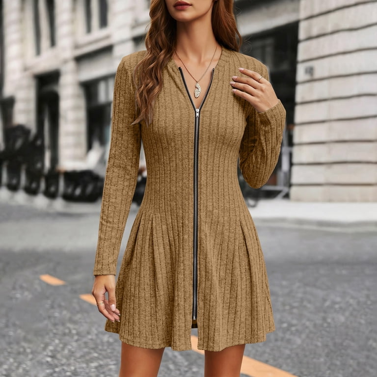 jersey knit tunic dress Women's Casual Zip-Front Dress, Solid Color Long Sleeve Pullover, Comfy For Daily Wear Khaki 2Xl neckline:Collared