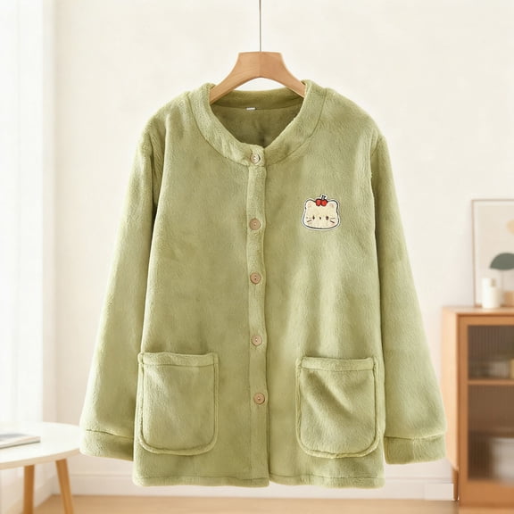 GuangYongmao Plush Pajamas Tops Women Fluffy Fleece V-Neck Button Down Winter Outerwear Cozy Warm Sleepwear with Pockets keep warm sleep wear Gift