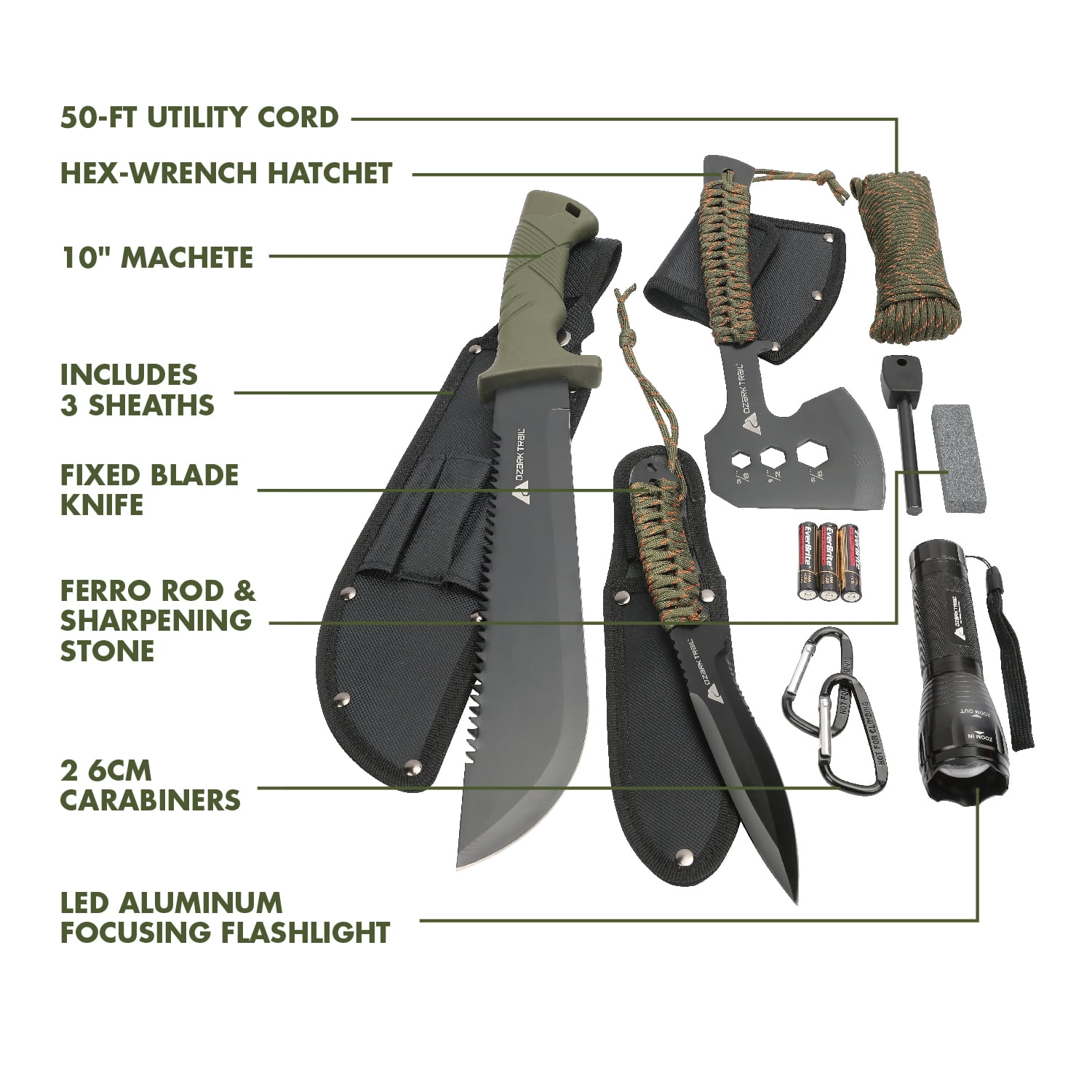 Ozark Trail 12-Pack Camping Tool Set with 180-Lumen Flashlight, 10" Machete, 4.5" Hatchet, 5" Knife, Sharpening Stone, Fire Starter, 50 Foot Utility Cord, and Carabiners